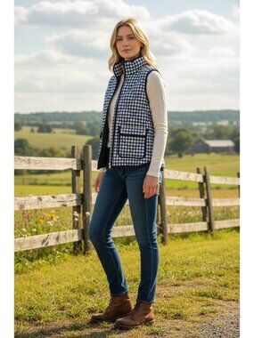 J.Crew Womens XS Navy Blue Quilted Puffer Vest Zip Pockets Gingham Lined NEW